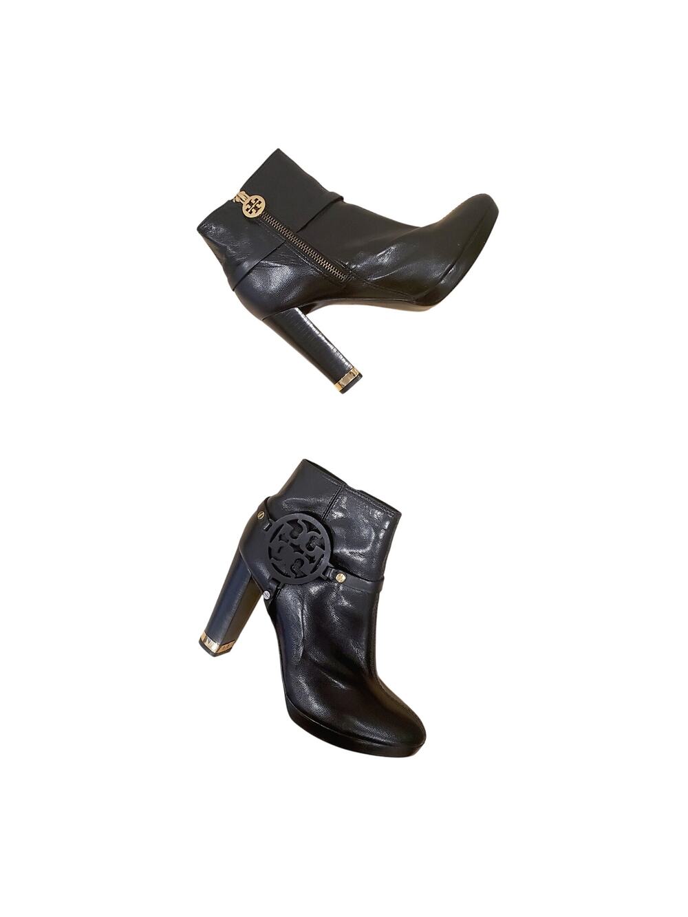 Tory Burch Leather Whitney Ankle Bootie Black/Gold Logo Size 9.5